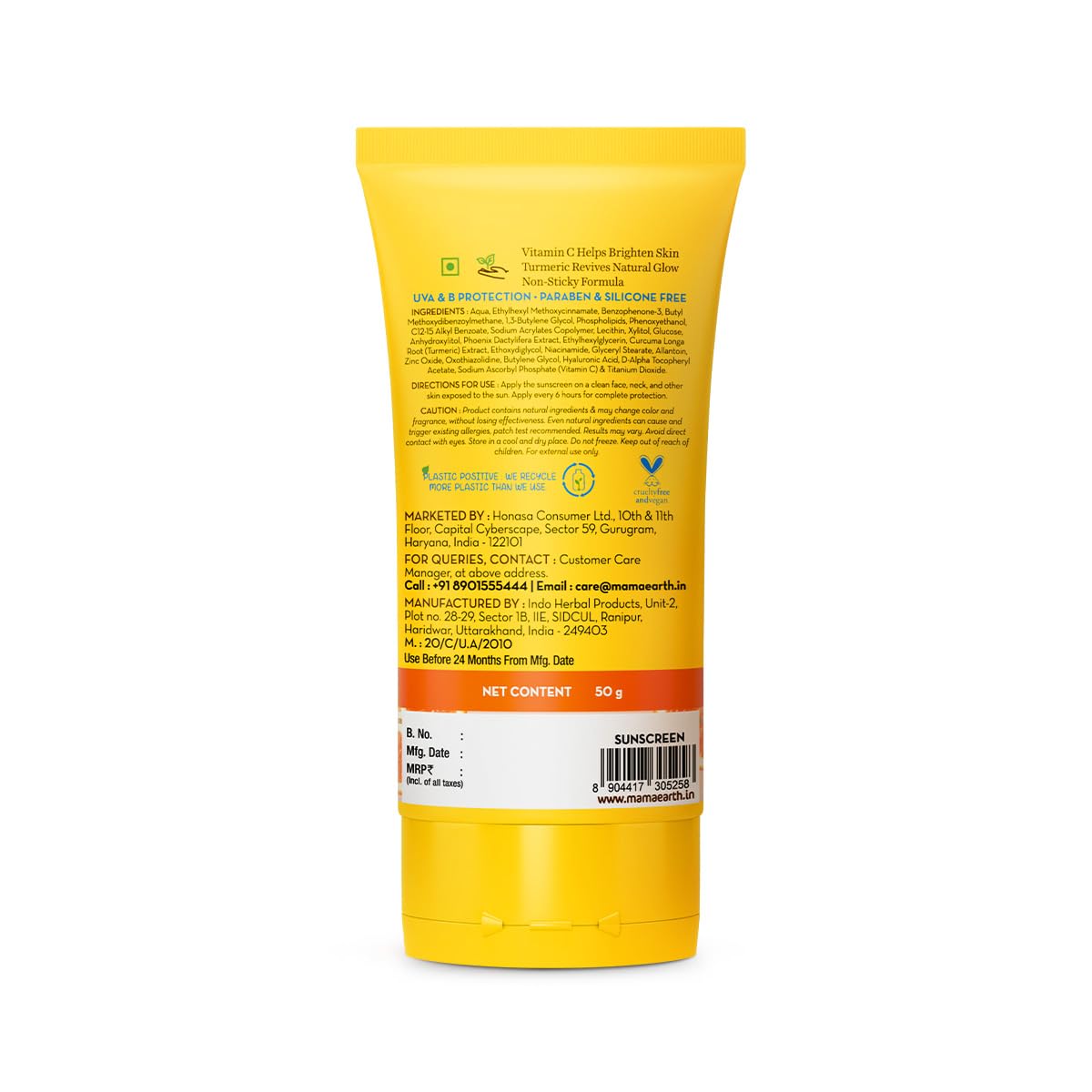 Mamaearth Vitamin C Daily Glow Sunscreen with Vitamin C & Turmeric | For Sun Protection, Tan Protection & Glow | SPF 50 & PA++++ Protection | No White Cast | Lightweight & Non-Sticky | Brightens Skin | In-Vivo Tested | For All Skin Types | 50 g