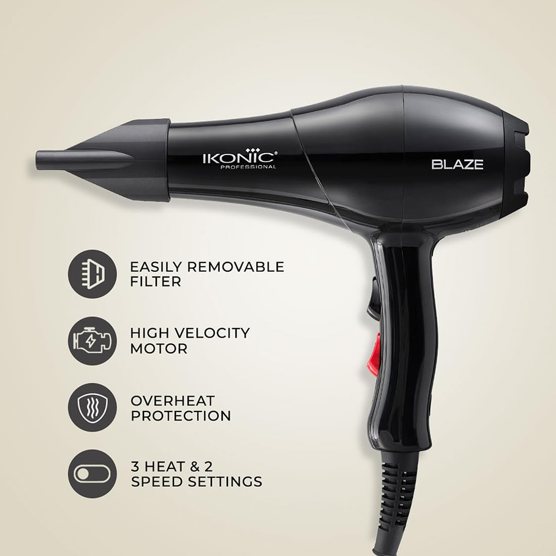 Ikonic Blaze Hair Dryer – 1800W Black Professional Blow Dryer