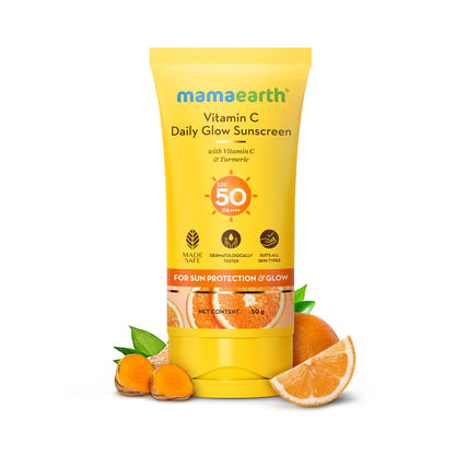 Mamaearth Vitamin C Daily Glow Sunscreen with Vitamin C & Turmeric | For Sun Protection, Tan Protection & Glow | SPF 50 & PA++++ Protection | No White Cast | Lightweight & Non-Sticky | Brightens Skin | In-Vivo Tested | For All Skin Types | 50 g