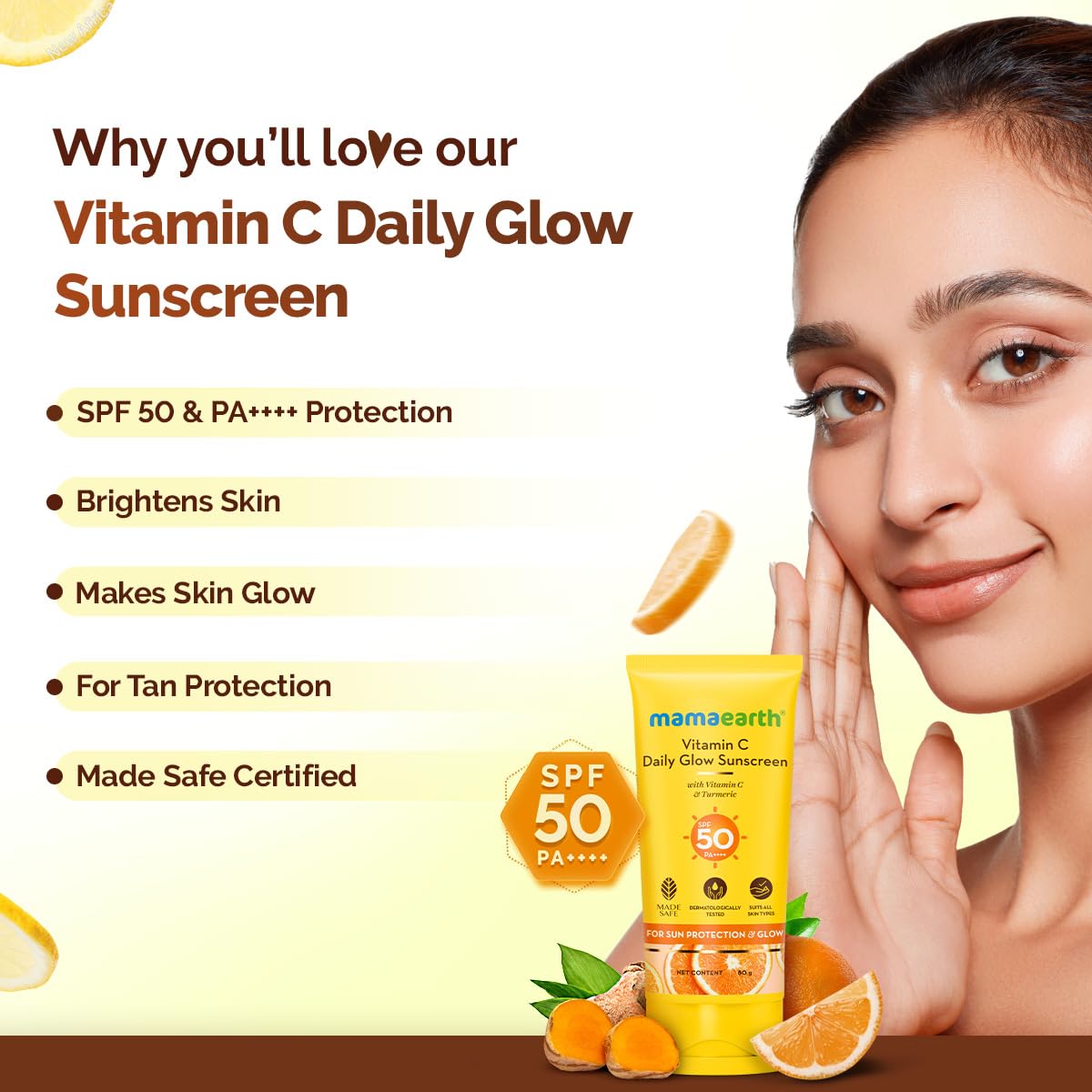 Mamaearth Vitamin C Daily Glow Sunscreen with Vitamin C & Turmeric | For Sun Protection, Tan Protection & Glow | SPF 50 & PA++++ Protection | No White Cast | Lightweight & Non-Sticky | Brightens Skin | In-Vivo Tested | For All Skin Types | 50 g