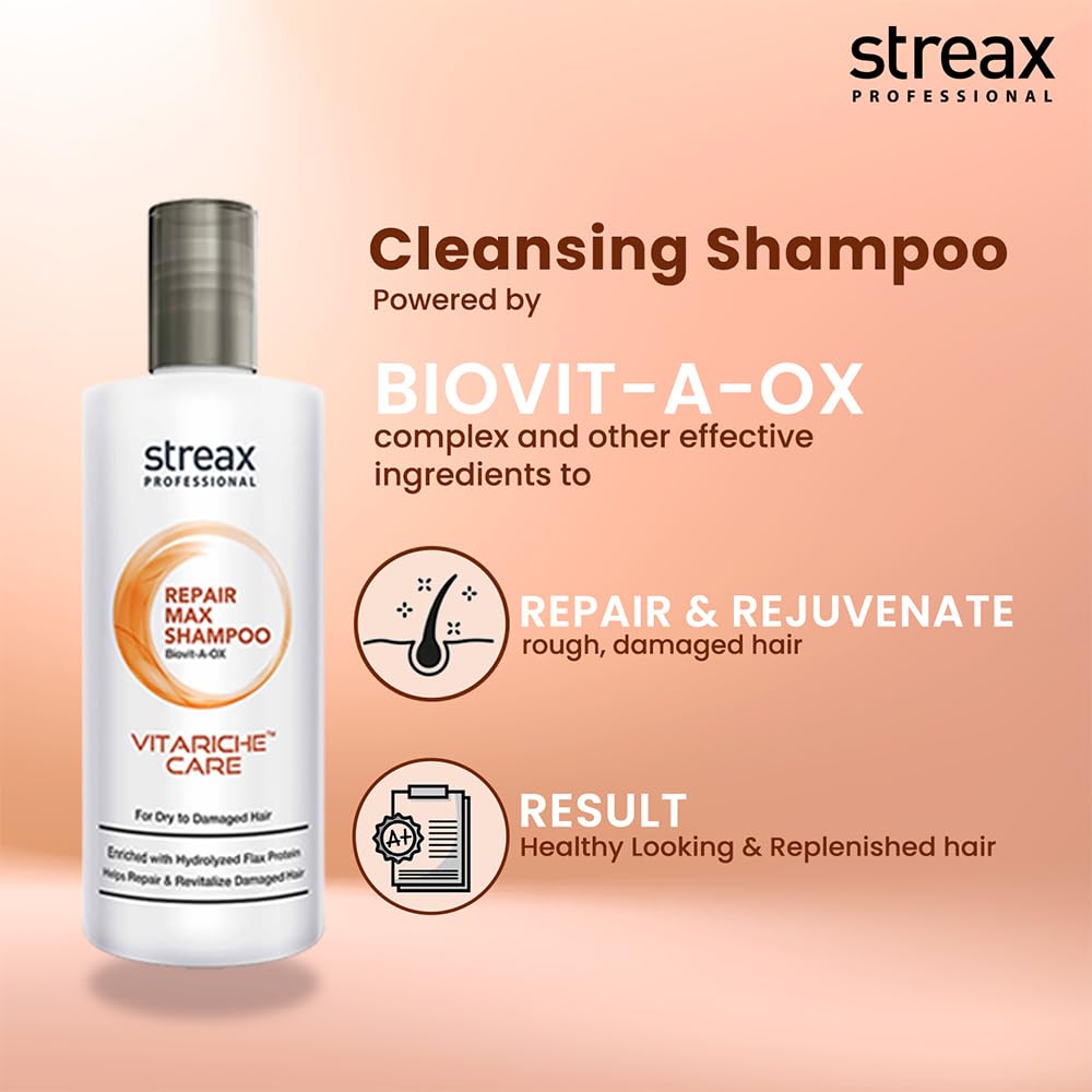 Streax Professional Vitariche Care Repair Max Shampoo,300ml| Mild Everyday Shampoo| Hair Shampoo for Women & Men|With Biovit-A-OX Complex, Hydrolysed Flax Protein & |Ceramide|For Dry, Damaged Hair Click Beauty
