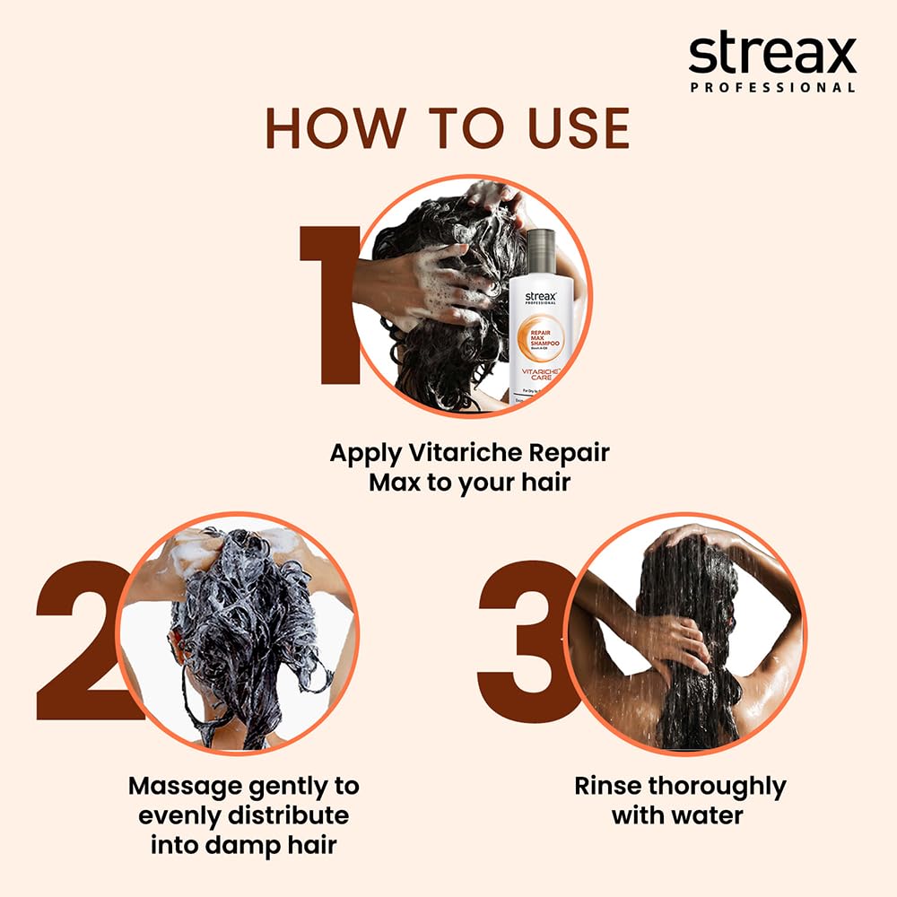 Streax Professional Vitariche Care Repair Max Shampoo,300ml| Mild Everyday Shampoo| Hair Shampoo for Women & Men|With Biovit-A-OX Complex, Hydrolysed Flax Protein & |Ceramide|For Dry, Damaged Hair Click Beauty