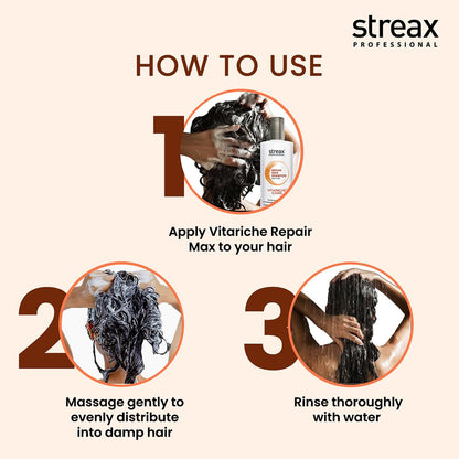 Streax Professional Vitariche Care Repair Max Shampoo,300ml| Mild Everyday Shampoo| Hair Shampoo for Women & Men|With Biovit-A-OX Complex, Hydrolysed Flax Protein & |Ceramide|For Dry, Damaged Hair Click Beauty