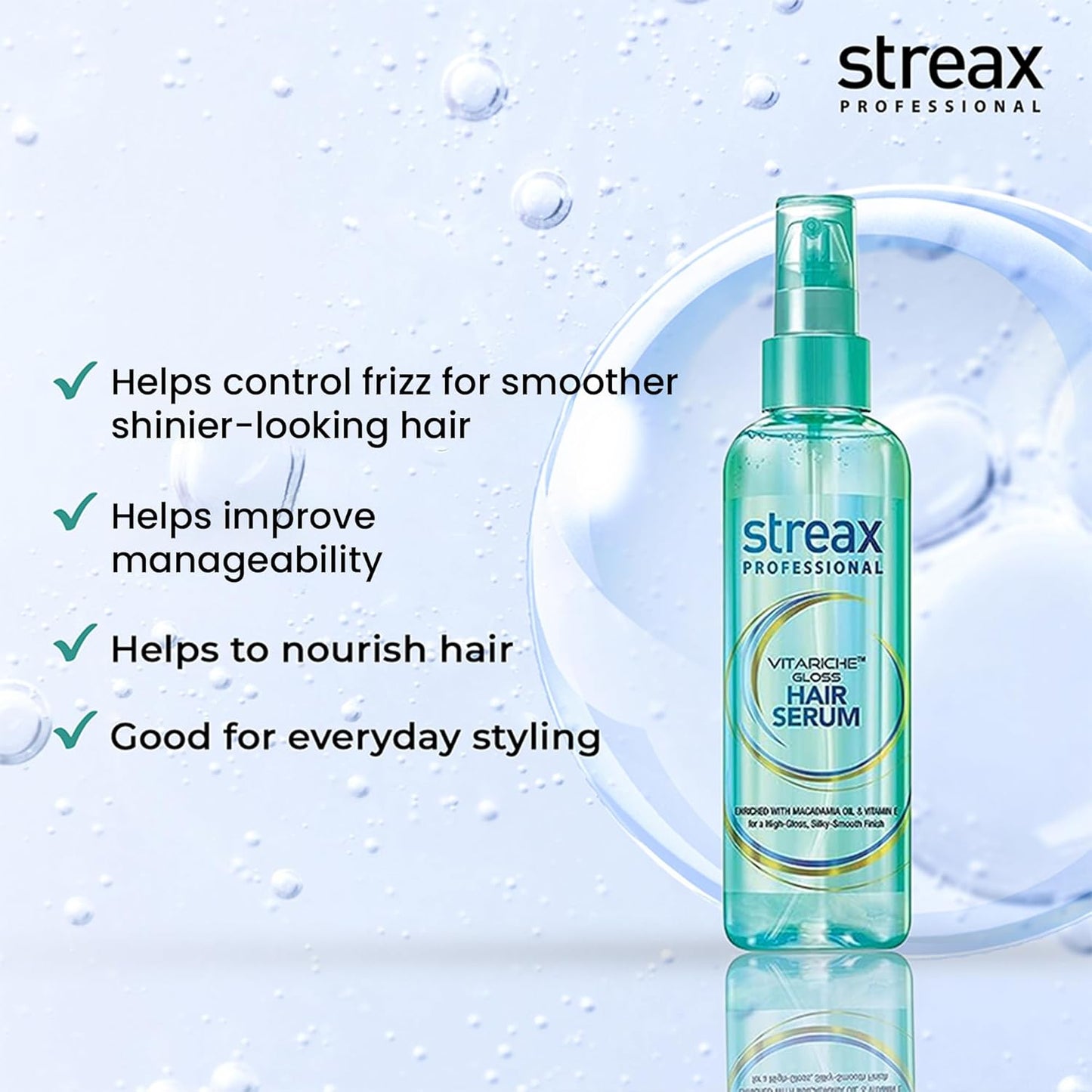 Streax Professional Vitariche Gloss Hair Serum, 200ml|for Dry Frizzy Hair|for Women|Enhance Shine and Smoothness, Anti Frizz |With Vitamin E & Macadamia Oil| For Curly Hair, Straight Hair, Wavy Hair Click Beauty