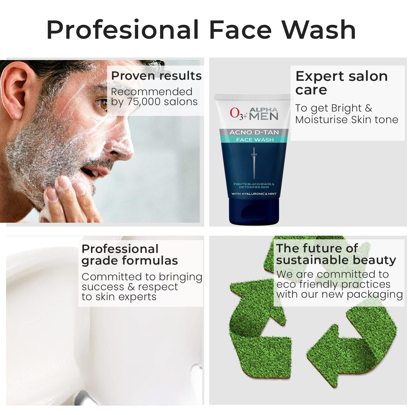 O3+ ALPHA MEN Acno D-TAN Face Wash with Hyaluronic & Mint | Fights Blackheads & Detoxifies Skin, 50ml Click Beauty