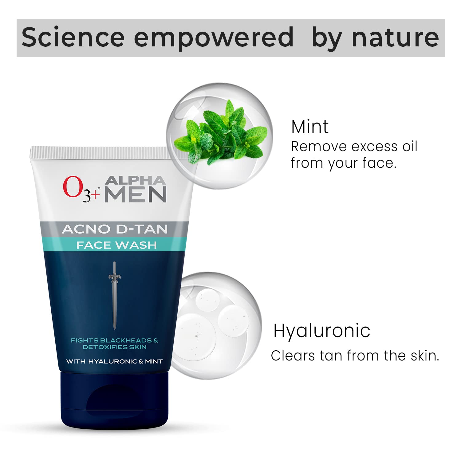 O3+ ALPHA MEN Acno D-TAN Face Wash with Hyaluronic & Mint | Fights Blackheads & Detoxifies Skin, 50ml Click Beauty