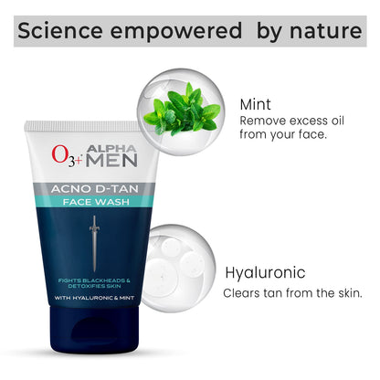O3+ ALPHA MEN Acno D-TAN Face Wash with Hyaluronic & Mint | Fights Blackheads & Detoxifies Skin, 50ml Click Beauty