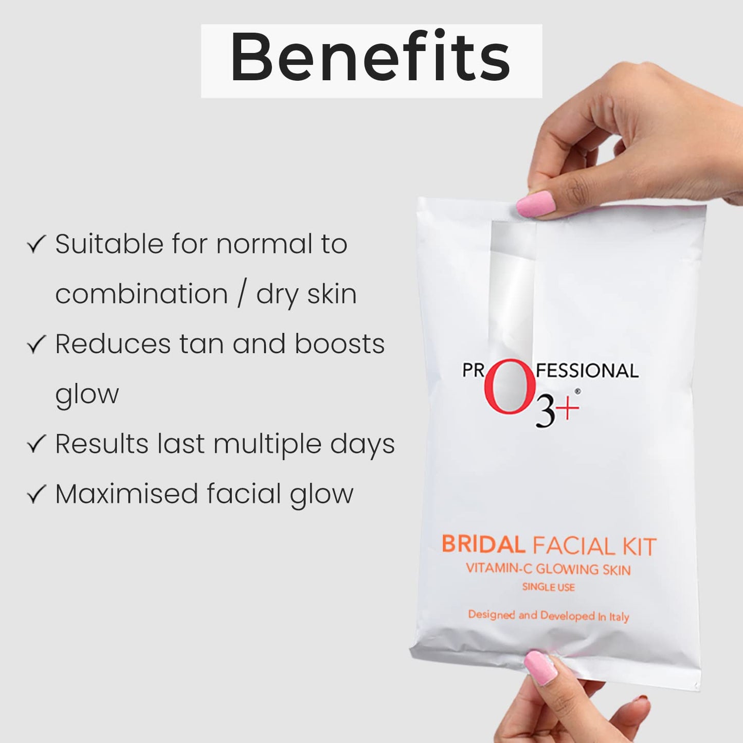 O3+ Bridal Facial Kit Vitamin C for Glowing Skin with Niacinamide | Reduces TAN and Boosts Glow, Ideal for All Skin Types (44g+103ml) , Benefits 