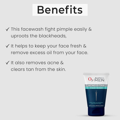 O3+ ALPHA MEN Acno D-TAN Face Wash with Hyaluronic & Mint | Fights Blackheads & Detoxifies Skin, 50ml Click Beauty