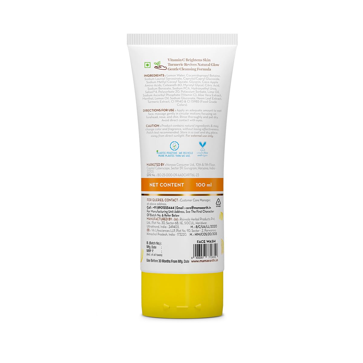 Mamaearth Vitamin C Face Wash with Vitamin C and Turmeric for Skin Illumination - 100 ml | Brightens skin | Evens Tone | Makes skin Glow